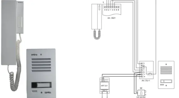 Schemat instalacji domofonowej z unifonem, panelem zewnętrznym i zasilaczem. Widoczny kabel do domofonu łączący elementy systemu.