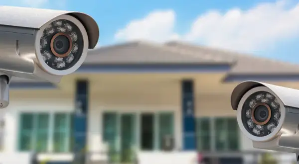 Dwie kamery monitoringu wizyjnego przed domem, zapewniające domowy monitoring.