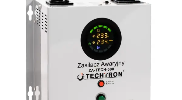 Biały zasilacz awaryjny TECHTRON ZA-TECH-500 z okrągłym wyświetlaczem pokazującym napięcie 233V i 234V. Jaki UPS, gdyby nagle zabrakło prądu!