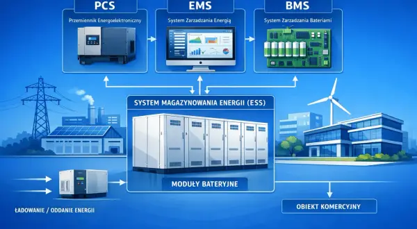 System magazynowania energii (ESS) z zasilaniem akumulatorowym to serce nowoczesnej infrastruktury, zarządzane przez PCS, EMS i BMS.