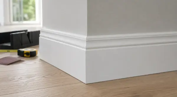 Precyzyjne cięcie listew mdf pod kątem, by idealnie dopasować je do narożnika. Narzędzia do majsterkowania leżą obok.