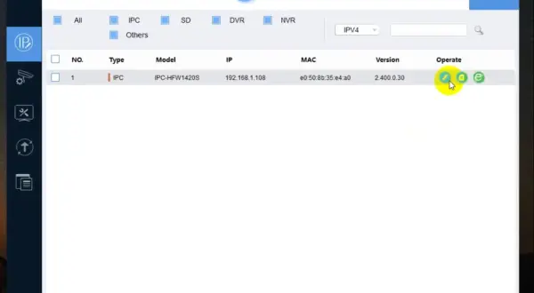 Konfiguracja dahua kamera wifi. Widok programu do zarządzania urządzeniami IP, lista znalezionych kamer z opcją edycji.
