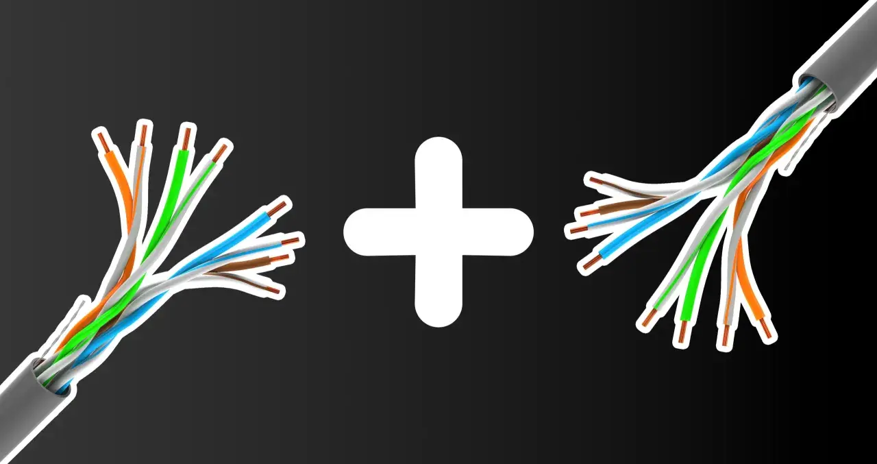 Dwa rozplecione kable sieciowe, zgodne ze standardem rj45, połączone białym znakiem plus.