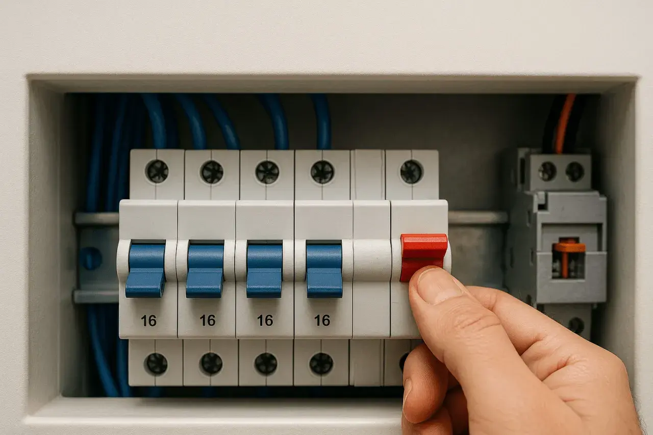 Dłoń wyłącza czerwony wyłącznik w rzędzie bezpieczników. **Korki prąd** chronią instalację.
