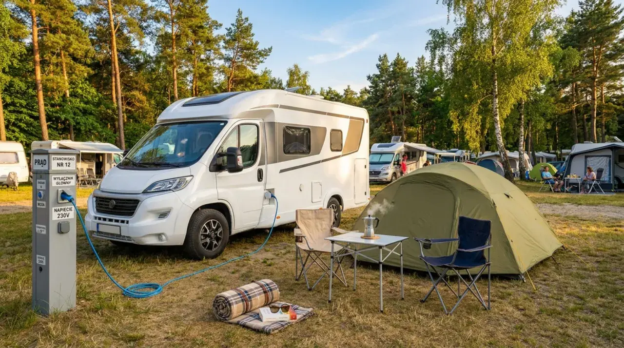 Na kempingu kamper podłączony do prądu. Na słupku informacja: NAPIĘCIE 230V. Obok namiot i meble kempingowe.
