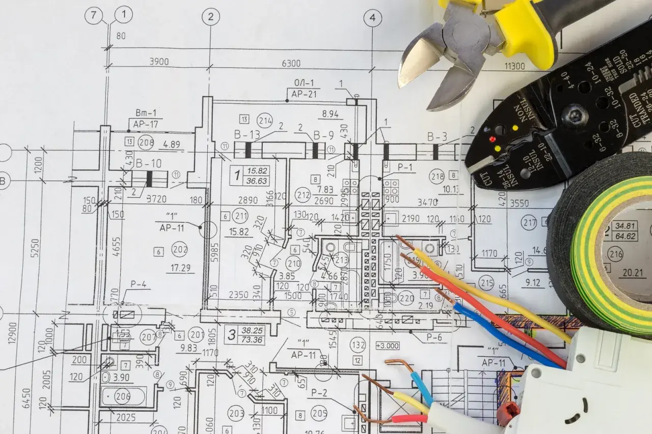 Narzędzia elektryczne i schemat instalacji. Czy czarny to plus czy minus? Zależy od kontekstu, ale na tym schemacie to kolor izolacji kabla.