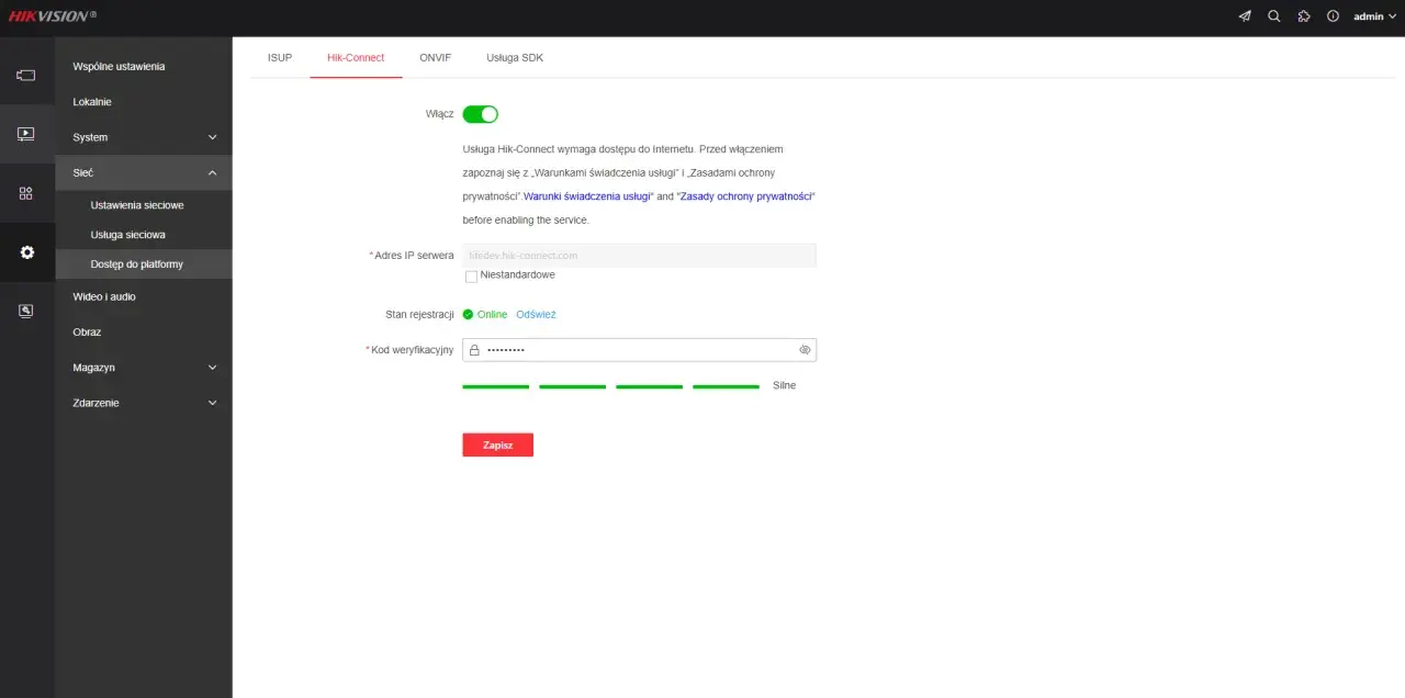 Konfiguracja usługi Hik-Connect: włączona, adres serwera, kod weryfikacyjny.