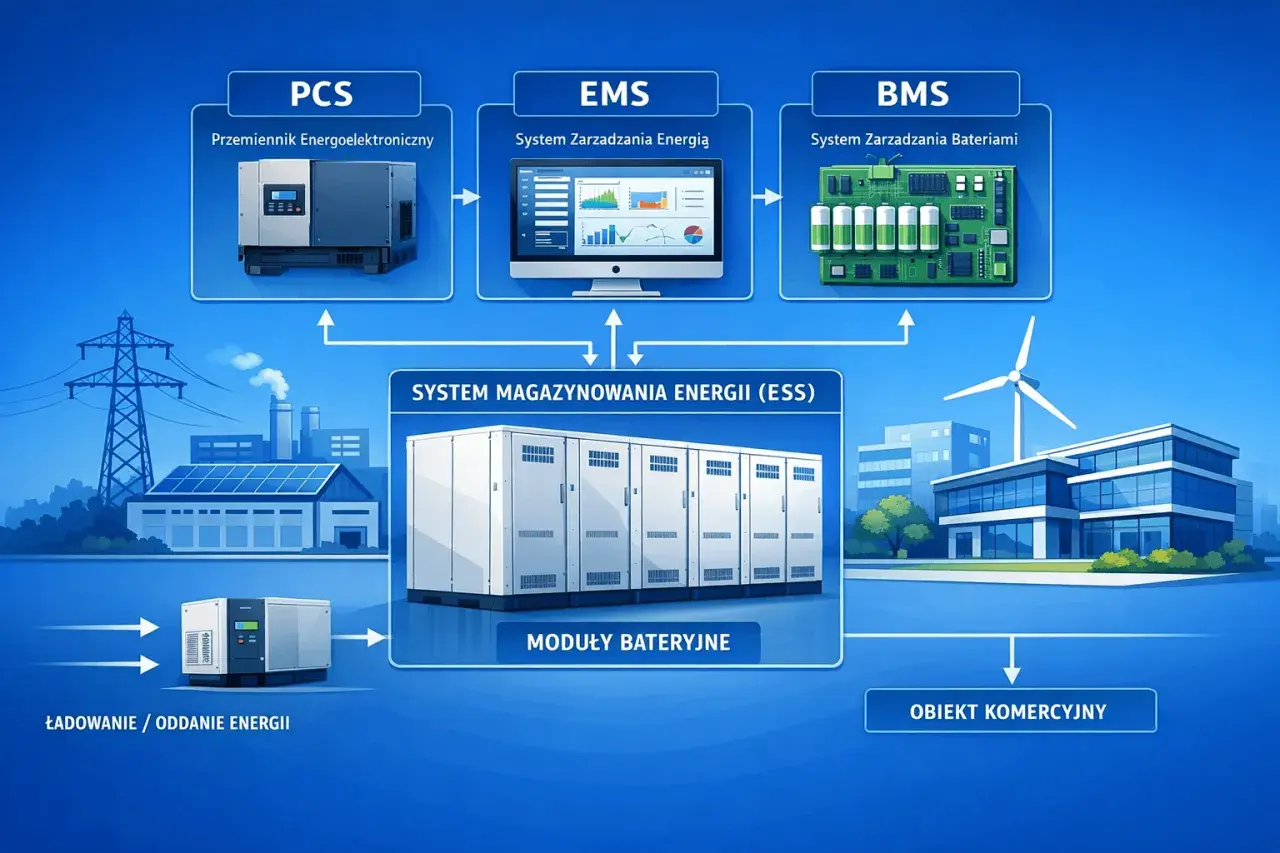 System magazynowania energii (ESS) z zasilaniem akumulatorowym to serce nowoczesnej infrastruktury, zarządzane przez PCS, EMS i BMS.