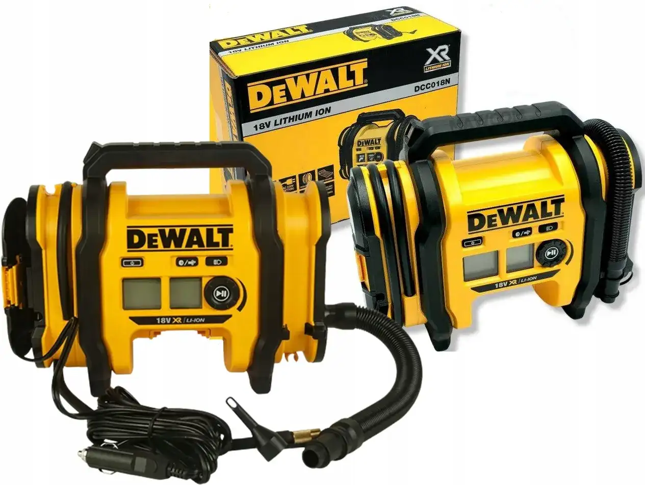 Dwa żółto-czarne kompresory akumulatorowe DeWalt 18V XR Li-Ion z cyfrowymi wyświetlaczami i akcesoriami.