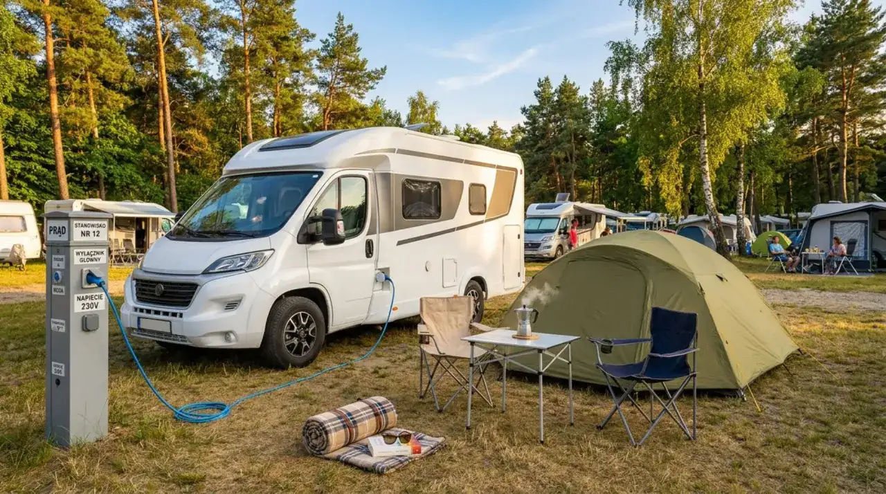 Na kempingu kamper podłączony do prądu. Na słupku informacja: NAPIĘCIE 230V. Obok namiot i meble kempingowe.