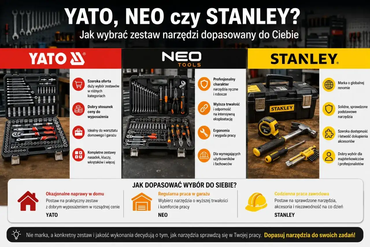 Porównanie zestawów narzędzi YATO, NEO i STANLEY. Wybierz idealny zestaw do domu, garażu lub pracy zawodowej.