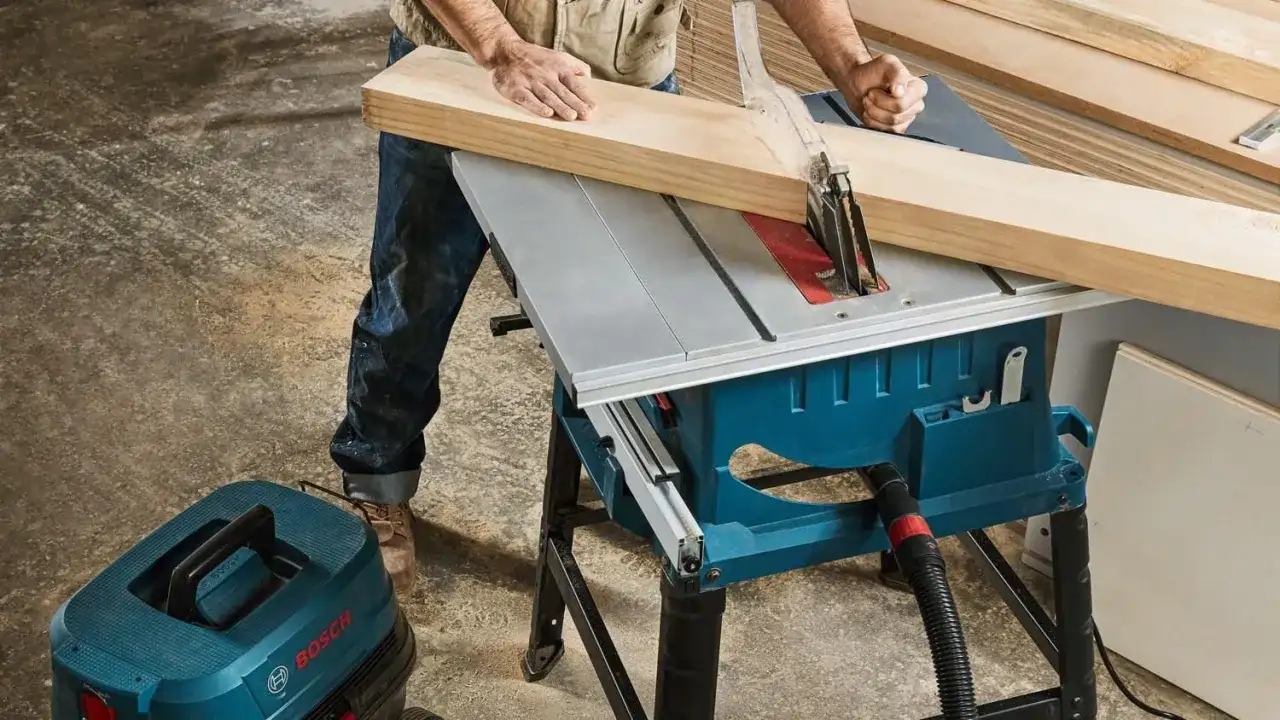 Stolarz precyzyjnie tnie drewno na pile stołowej Bosch GTS 254. Obok stoi odkurzacz warsztatowy Bosch.