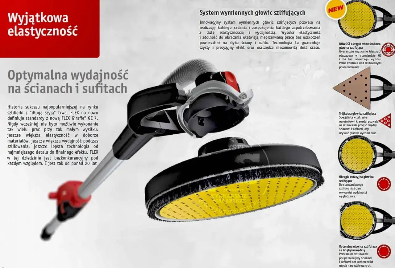 Szlifierka FLEX z elastyczną głowicą do ścian i sufitów. Innowacyjny system wymiennych głowic zapewnia optymalną wydajność i precyzję.