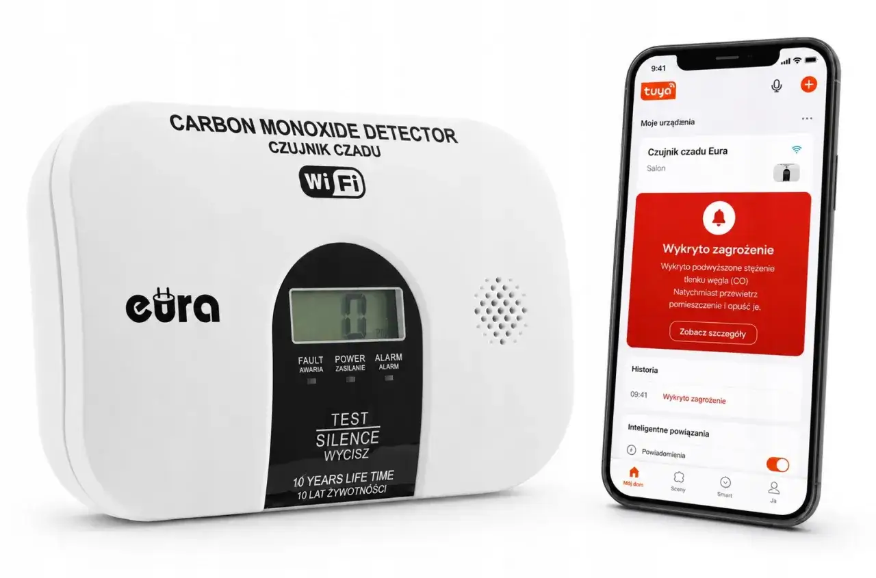 Czujnik czadu Eura z Wi-Fi i aplikacją hik connect pokazuje alarm na telefonie.