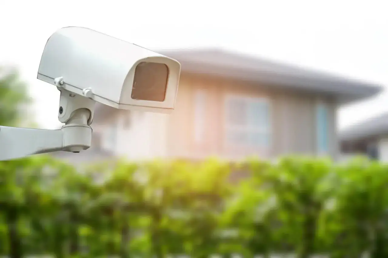 Biała kamera monitoringu na posesji, pilnująca domu. Przepisy dotyczące bezpieczeństwa są ważne.