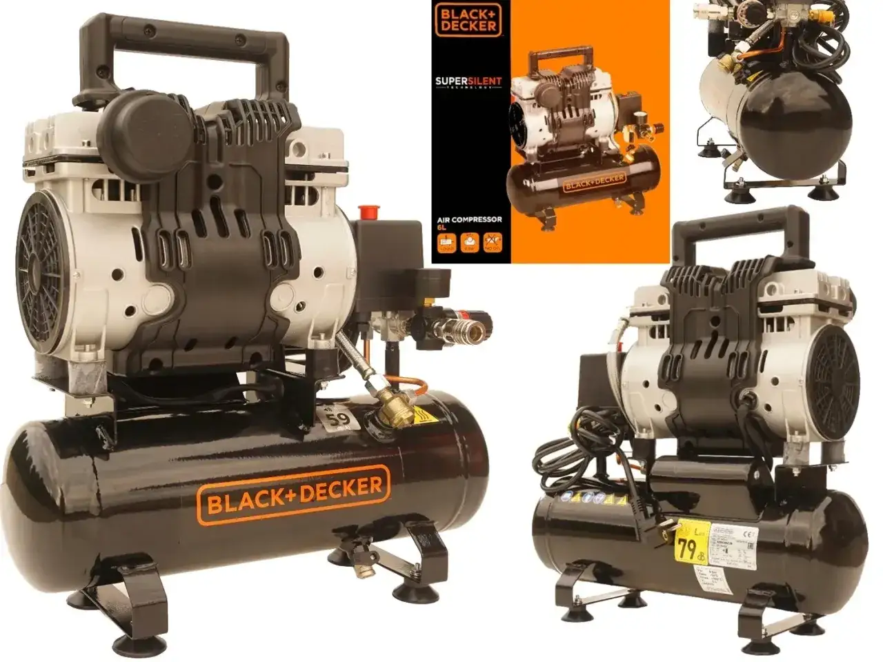 Kompaktowy, czarny black decker kompresor z uchwytem i zbiornikiem. Idealny do warsztatu.
