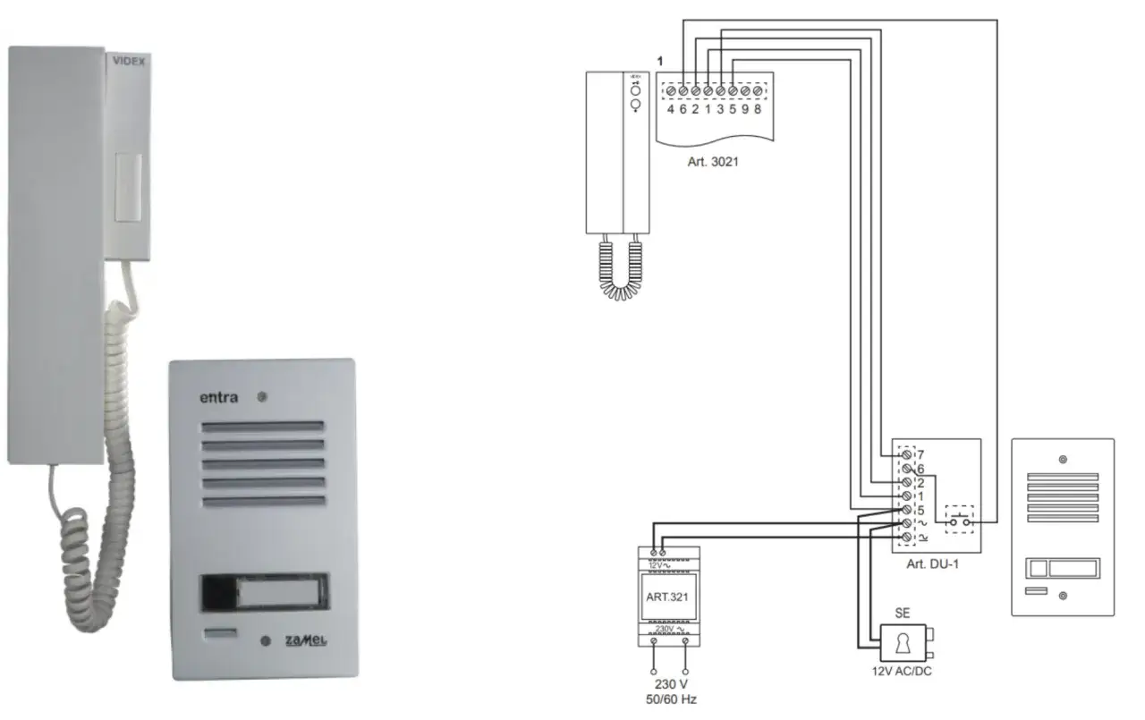Schemat instalacji domofonowej z unifonem, panelem zewnętrznym i zasilaczem. Widoczny kabel do domofonu łączy elementy systemu.