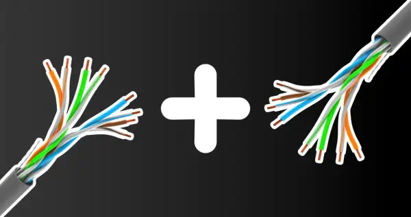 Dwa rozplecione kable sieciowe, zgodne ze standardem rj45, połączone białym znakiem plus.