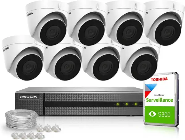 Zestaw monitoringu Hikvision z kamerami i rejestratorem NVR. Dysk Toshiba Surveillance S300 zapewnia miejsce na nagrania. Dostęp zdalny przez Hik-Connect.