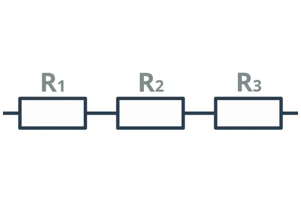 Schemat obwodu elektrycznego z trzema rezystorami R1, R2, R3 połączonymi szeregowo.