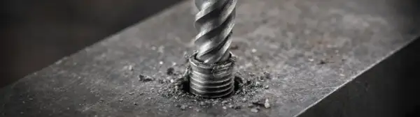 Wiertło wkręca się w metalowy element, tworząc gwint. To rozwiązanie może pomóc, gdy zastanawiasz się, jak odkręcić wyrobioną śrubę krzyżakową.