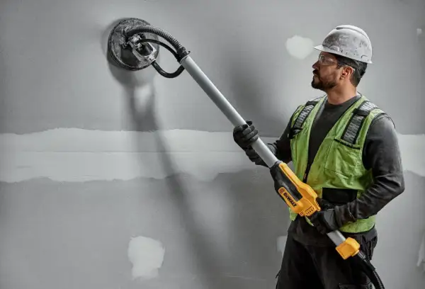 Budowlaniec szlifuje ścianę za pomocą szlifierki do gipsu DeWalt.
