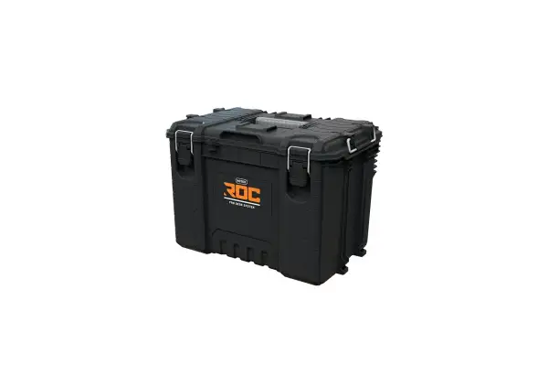 Solidna, czarna skrzynia narzędziowa Keter ROC Pro Gear System z pomarańczowym logo. Idealna do przechowywania i transportu narzędzi.