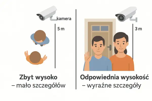 Montaż kamery na elewacji: 5m to zbyt wysoko, mało szczegółów. 3m to odpowiednia wysokość, wyraźne szczegóły.