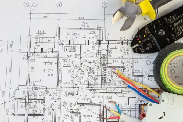 Narzędzia elektryczne i schemat instalacji. Czy czarny to plus czy minus? Zależy od kontekstu, ale na tym schemacie to kolor izolacji kabla.