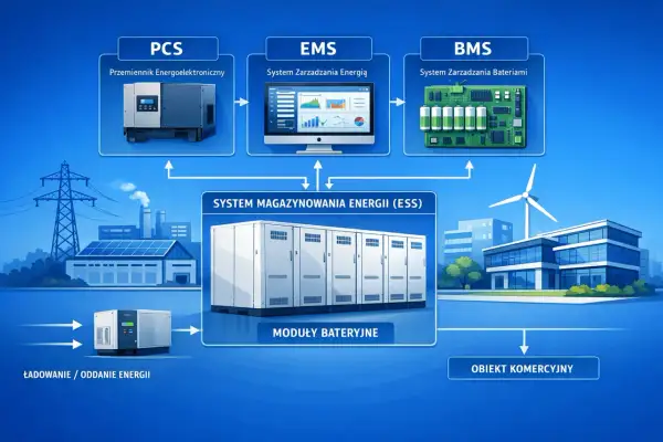 System magazynowania energii (ESS) z zasilaniem akumulatorowym to serce nowoczesnej infrastruktury, zarządzane przez PCS, EMS i BMS.