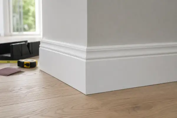 Precyzyjne cięcie listew mdf pod kątem, by idealnie dopasować je do narożnika. Narzędzia do majsterkowania leżą obok.