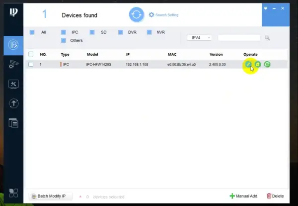 Konfiguracja dahua kamera wifi. Widok programu do zarządzania urządzeniami IP, lista znalezionych kamer z opcją edycji.